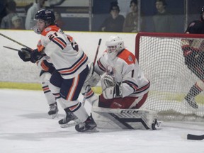 Soo Thunderbirds goaltender Landon Miller in NOJHL action against the Blind River Beavers. MIller picked up his first junior shutout in a 6-0 win over the French River Rapids on Saturday night. Miller has eight wins and one shutout loss in nine games played with the Thunderbirds.