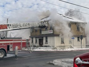 Firefighters from the Monkton station of the North Perth Fire Department, as well as colleagues from area fire stations, battled a blaze at the former Red Maple dining lounge, or the Bennett Hotel, at the corner of Maddison and Winstanley Streets in Monkton Nov. 21. The building was a total loss, with a cause undetermined. CORY BROUGHTON