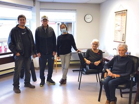 Photo by CHLOE KNEER
Unifor Local 31-X financial secretary Clint Halwas, Queensway Place resident Art Bonsall, manager Angie Brunetti, Terry Stewart and Rosemary Mairs in the new games room.