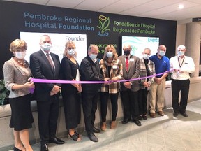 The Pembroke Regional Hospital Foundation recently launched a new Digital Donor Wall. Taking part was, from left, Lisa Edmonds, PRH Foundation board chairwoman, Tony Donnelly, Beth Brownlee, PRH vice-president of clinical and support services, Pierre Noel, PRH president and CEO, Marsha Hawthorne, PRHF director, Terry Lussier, PRHF board vice-chairman, Laura Lapinskie, representing MPP John Yakabuski, Ron Gervais, Pembroke deputy mayor, and Roger Martin, PRHF executive director. Submitted photo