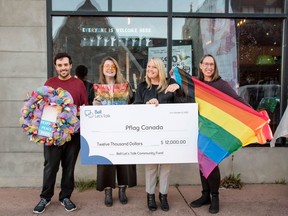 Pflag Canada's Renfrew County chapter receives $12,000 grant from 
the Bell Let's Talk Community Fund to continue the Rainbow Art Club at Studio Dreamshare. In the photo from left, Jamie Hawes, Pflag Renfrew County, Cameron Montgomery, Studio Dreamshare, Sandy McDonald, Bell Let's Talk, and Jill Holroyd, Pflag Renfrew County.