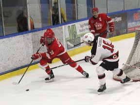 Vital Dinis (left) of the Pembroke Lumber Kings scored a hat trick in Sunday night’s game against the Kemptville 73’s, an 8-6 Pembroke loss. An empty netter scored by the 73’s between Dinis’ second and third goals spoiled what would’ve also been a natural hat trick.  Anthony Dixon