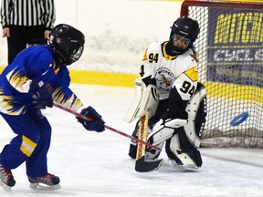 Alice Brace, goalie with the Mitchell U10 (Fun3) ringette team, makes the save on this point blank Forest shot Nov. 20, during the Mitchell ringette tournament. The Stingers won, 9-6. ANDY BADER/MITCHELL ADVOCATE