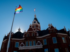 A rainbow flag flies outside Stratford city hall.  (Chris Montanini/Stratford Beacon Herald)