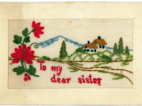 An embroidered postcard send by Samuel Pullman to his sister, Jessie Pullman, during the First World War. Stratford-Perth Archives