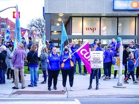 CUPE members and their supporters rally on Friday to protest Ontario;s Progressive Conservative governmtent's decision to use the notwithstanding clause in the Canadian Charter of Rights to ban a strike by education workers. BOB DAVIES