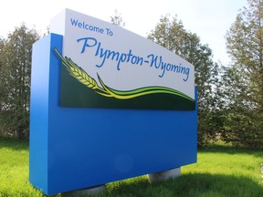 This sign on Confederation Line welcomes drivers to Plympton-Wyoming.