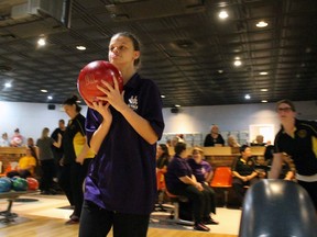 Sarnia resident Regan Knowles competes for Special Olympics Sarnia's Pin Pals during a Hometown Games event Saturday at Marcin Bowl in Point Edward. Terry Bridge/Sarnia Observer/Postmedia Network