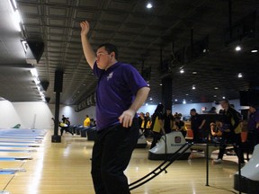 Sarnia resident Edward Zalewski, 22, competes for Special Olympics Sarnia's Pin Pals during a Hometown Games event Saturday at Marcin Bowl in Point Edward.  Terry Bridge/Sarnia Observer/Postmedia Network