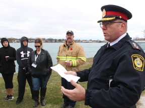 Sarnia Police Chief Derek Davis speaks Saturday at the launch of the MADD Sarnia-Lambton white cross display on the St. Clair Parkway.