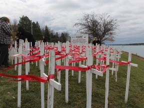 The MADD Sarnia-Lambton white cross display was set up Saturday on the St. Clair Parkway.