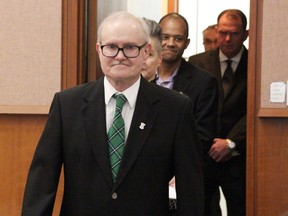 count.  Terry Burrell leads the procession as Sarnia's new council enters chambers for its inaugural meeting Nov. 15, 2022. (Tyler Kula/ The Observer)