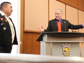 Aamjiwnaang First Nation Chief Chris Plain, left, and Sarnia Mayor Mike Bradley speak at the 2022-2026 Sarnia city council inaugural meeting  Nov. 15, 2022. (Tyler Kula/ The Observer)