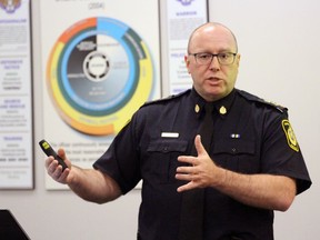 Sarnia police Chief Derek Davis speaks Tuesday during a press conference at their training headquarters about a recent investigation into a rash of bicycle thefts.  (Terry Bridge/Sarnia Observer)