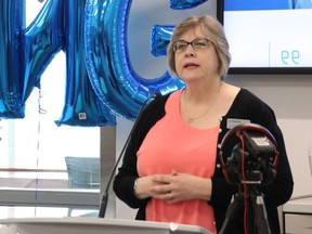 Lambton College nursing professor Liz Seabrook speaks at a launch party Saturday for the college's four-year registered nursing degree, beginning next September.  The event was part of the college's fall open house.  (Tyler Kula/ The Observer)