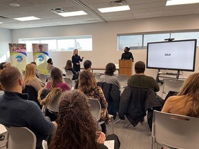 A Welcome to Lambton app was launched through the Sarnia-Lambton Local Immigration Partnership and TMRRW Inc. Nov. 24. Pictured at the launch are the partnership's Stephanie Ferrera, left, and Liwordson Vijayabalan of TMRRW Inc. (Handout)
