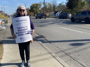 Christine Cameron-O'Neill, a library tech at Cayuga Secondary School in Haldimand County, joined other striking education workers on the picket line along the Queensway East in Simcoe on Friday, Nov. 4. The striking workers are members of CUPE.  SIMCOE REFORM
