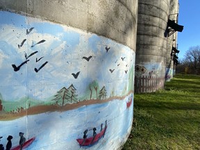 Waterford-themed murals were painted six years ago at the bottom of several large silos at a former co-op property in the town.  Plans are in the works to remove the silos to make way for a housing development.  SIMCOE REFORM