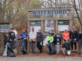 Long Point Biosphere Region hosted a Cleaning Up Norfolk volunteer event in Waterford Saturday morning (Nov. 5), gathering at the west end of Nichol Street to pick up litter on the Waterford Heritage Trail system and neighboring streets. CHRIS ABBOTT