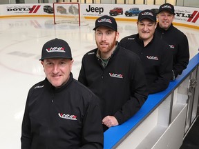 Northern Hockey Academy owners Blake Didone, front, and Brian Doyle,  join general manager Darryl Moxam and assistant general manager Craig Maki on the ice surface at the facility on Kelly Lake Road in Sudbury, Ont. John Lappa/Sudbury Star/Postmedia Network