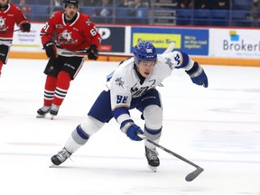David Goyette, of the Sudbury Wolves, chases down the puck during OHL action against the Niagara IceDogs at the Sudbury Community Arena in Sudbury, Ont. on Friday November 4, 2022. John Lappa/Sudbury Star/Postmedia Network