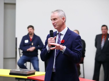 Bill Best, president of Cambrian College, takes part in a ceremony for the official opening of the Wiidokaaziwin (The Gathering Place) at the college in Sudbury, Ont. on Thursday November 10, 2022.