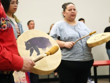 All Nations Singers perform an honour song at a ceremony for the official opening of the Wiidokaaziwin (The Gathering Place) at Cambrian College in Sudbury, Ont. on Thursday November 10, 2022. Details of the Anmar Mechanical Indigenous Student Support Program were also announced at the event. John Lappa/Sudbury Star/Postmedia Network
