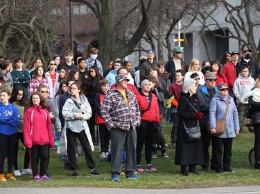 A crowd looks on at Branch 564 of the Royal Canadian Legion Remembrance Day Service at the Memorial Park Cenotaph in Sudbury, Ont. on Friday November 11, 2022. John Lappa/Sudbury Star/Postmedia Network