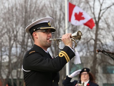 Buglar Thomas Flake, of Admiral Mountbatten Sea Cadets, performs The Last Post during a Remembrance Day Service at the Memorial Park Cenotaph in Sudbury, Ont. on Friday November 11, 2022. John Lappa/Sudbury Star/Postmedia Network