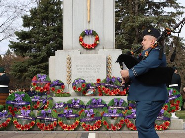 Piper Capt. John Adams, of the 200 Wolf Squadron Royal Canadian Air Cadets Corps, performs the Lament at Branch 564 of the Royal Canadian Legion Remembrance Day Service at the Memorial Park Cenotaph in Sudbury, Ont. on Friday November 11, 2022. John Lappa/Sudbury Star/Postmedia Network