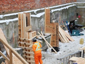 Workers from Build North Construction prepare the footings for the Refettorio being built on Durham Street in Sudbury, Ont. on Wednesday November 23, 2022. The YES Theatre Refettorio will be an art outdoor theatre, featuring 175 seats that will be used as a key venue for the YES Theatre Summer Festival. John Lappa/Sudbury Star/Postmedia Network