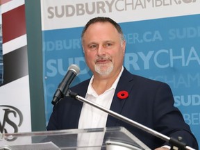 Jeff Bangs, board chair of Laurentian University, addresses a Chamber of Commerce luncheon on Nov. 10.