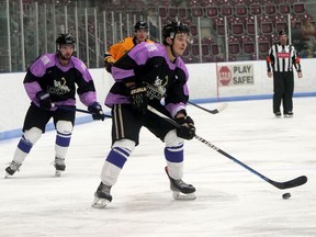 Tillsonburg Thunder's Mike Rebry, wearing a Hockey Fights Cancer jersey, breaks in on Alvinston's goalie Saturday night at the Kinsmen Memorial Arena.  Tillsonburg won the WOSHL hockey game 12-4.  CHRIS ABBOTT