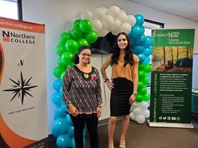 Sarah Brown who is a professor at the Northern College office and Nova Lachance the student recruitment and service representative for Contact North | Contact Nord were at the opening of Cochrane's Access Centre which will make upgrading and participating in post secondary education easier for local residents.