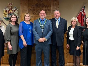 Woodstock's new mayor, Jerry Acchione, is flanked by his colleagues ÐÊ(from left) councillors Connie Lauder, Kate Leatherbarrow, Bernia Wheaton, Mark Schadenberg, Deb Tait and Liz Wismer-Van Meer Ð for the 2023-2026 term.
(Facebook)