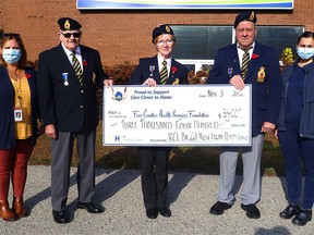 The Royal Canadian Legion Branch 221 in West Elgin has donated $3,400 towards the purchase of an adult laryngoscope for the Four Counties Health Services Foundation. The funds came from the branch's poppy campaign. Shown here are Jackie Van Eerd Beatty, FCHS Foundation fundraising coordinator; Jim Stacey, Legion poppy committee; Karen Goncalves, poppy chair; Bill Goncalves, poppy committee; and Dr. Monica Faria, emergency and outpatient department. (Handout/Postmedia Network)