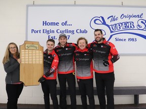 Alex Champ and his rink from Kitchener-Waterloo won the 40th Port Elgin Super Spiel at the Port Elgin Curling Club this past week. Team members Alex Champ Cherlie Richard, Terry Arnold and Scott Clinton receive the hardware from Sue Anderson, chair of the Port Elgin Curling Club's Super Spiel committee. Photo supplied