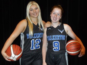 Walkerton District Riverhawks players Brooklynn Graul, left, and Marlie Pegelo will try to help the host and 10th-ranked squad medal at this week's OFSAA A senior girls basketball tournament in Walkerton.