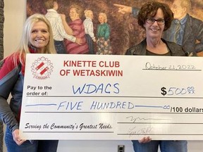 Kinette Club President Lynn Croft presents a donation to WDACS Executive Director Marilyn Conner.