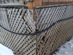 The corner of the deck at the Mildmay home was damaged after being struck by a vehicle that failed to remain at the scene. OPP photo.