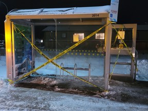 A bus shelter damaged sometime between December 26 and 28, 2022. Supplied Image/Wood Buffalo RCMP