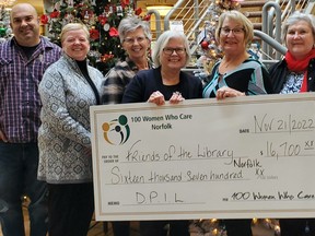 A big check from 100 Women Who Care was donated to the Norfolk County Public Library as the charitable-focused group returned to in-person meetings.  From left to right: Adam Veri, library chair and Ward 6 councillor;  Beth Redden from 100 Women Who Care Norfolk;  Julie Kent, CEO of the library;  Dianne Lefler, library board member;  and 100 Women Who Care Norfolk members Kathy Caskenette, Sue Goble, Michelle Grummett, and Nancy Sherwin.