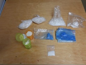 Chatham-Kent police seized approximately $73,500 worth of suspected fentanyl, methamphetamine and oxycodone while executing a warrant. (Handout)