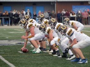 Behind the strength and power of the Korah Colts offensive line (shown here) the Colts rushed for seven touchdowns in a 52-14 win over the Jacob Hespeler Hawks in the Northern Bowl on Wednesday evening in Guelph.