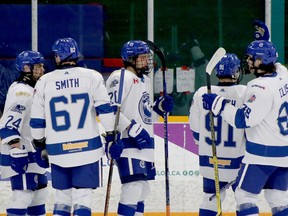 Greater Sudbury Cubs forward Sam Assinewai (20) celebrates his goal against the Cochrane Crunch with teammates Kyloe Ellis, Oliver Smith, Pierson Sobush and Nolan Newton during NOJHL action at Gerry McCrory Countryside Sports Complex in Sudbury, Ontario on Thursday, November 24, 2022.