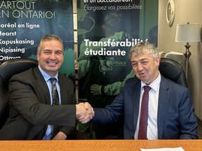 Daniel Giroux, president of College Boreal, and Luc Bussiere, president of University de Hearst, signed a new articulation agreement to give business students a unique opportunity to further their education. (Supplied)
