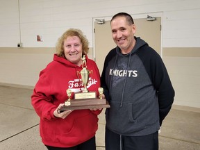 Pictured are Deb Lord and Doug Schade with the Huron Perth Fastball U21 Championship trophy bearing Lord’s name. Handout