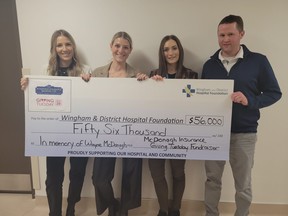 To celebrate Giving Tuesday on Nov. 29, the team at McDonagh Insurance Brokers matched donations to the Wingham and District Hospital Foundation up to $10,000 in honour of the business’ longtime owner and former hospital board member Wayne McDonagh. Pictured from left: Robin Lippold, Breanne Chapman, Nicole Duquette and Conor McDonagh. Submitted photo.