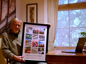 Stratford resident and retired Humber College professor Roger Hathaway is selling his Signs of Stratford poster to raise money for Canadian Mental Health Association Huron Perth Addiction and Mental Health Services. Galen Simmons/The Beacon Herald/Postmedia Network