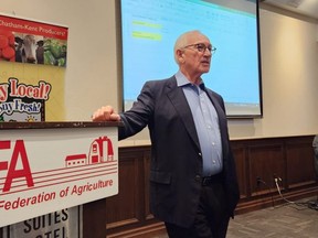 Jan Westcott, president and CEO of Spirits Canada, speaks during the Kent Federation of Agriculture's annual general meeting held Tuesday night at Retro Suites in Chatham. (Trevor Terfloth/The Daily News)